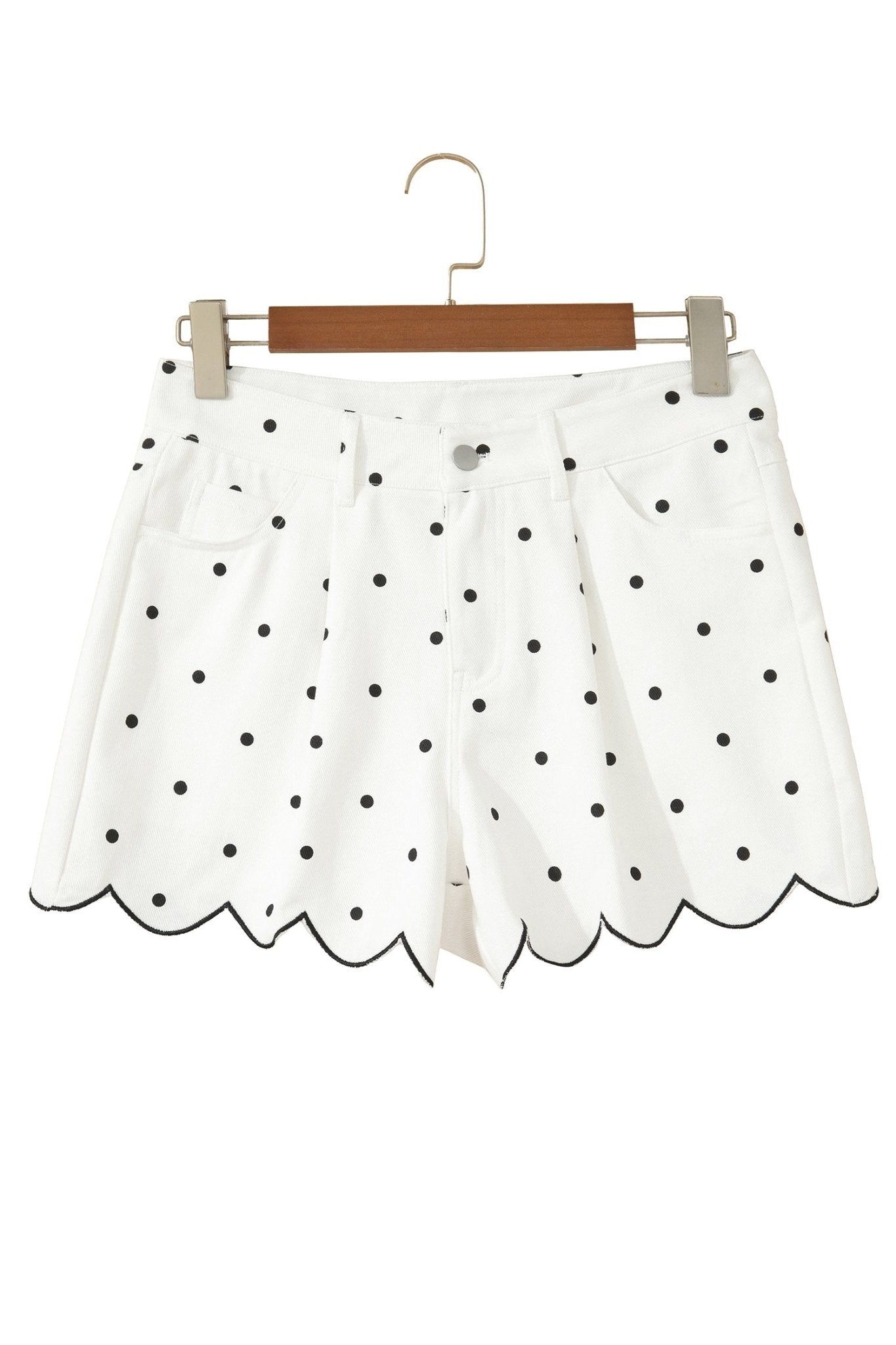 White Polka Dot Print Embroidered Scallop Hem Shorts - Loving It Shop