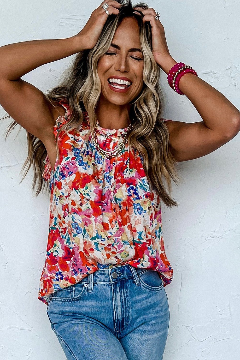 Red Frilled Neck Pleated Boho Floral Tank Top - Loving It Shop
