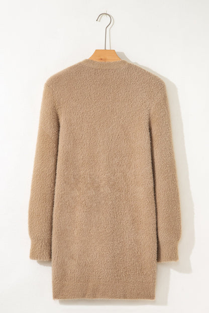 Smoke Gray Fuzzy Buttoned Front Midi Solid Cardigan