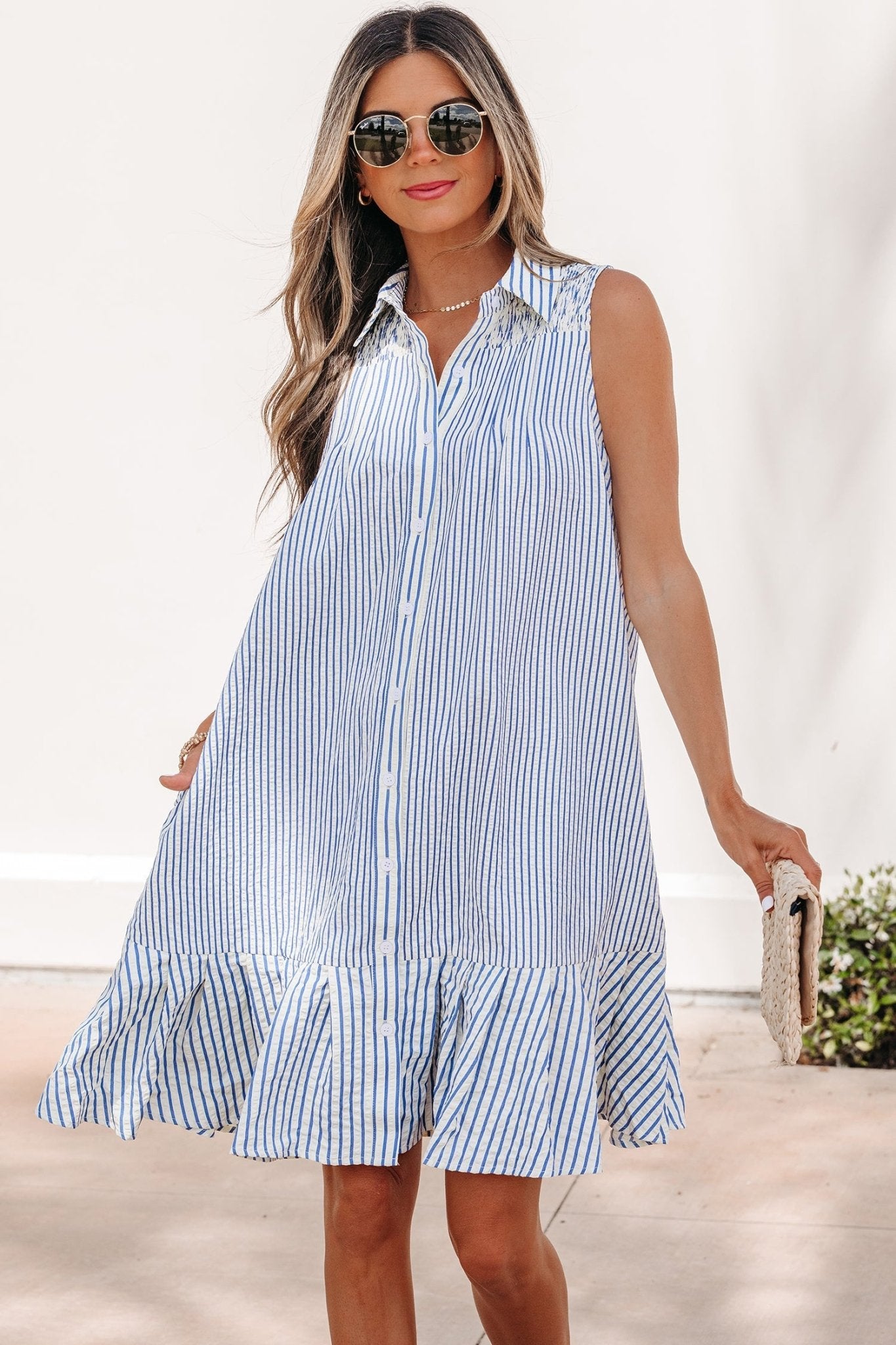 Sky Blue Stripe Shirt Collar Shirred Detail Ruffle Hem Sleeveless Dress - Loving It Shop