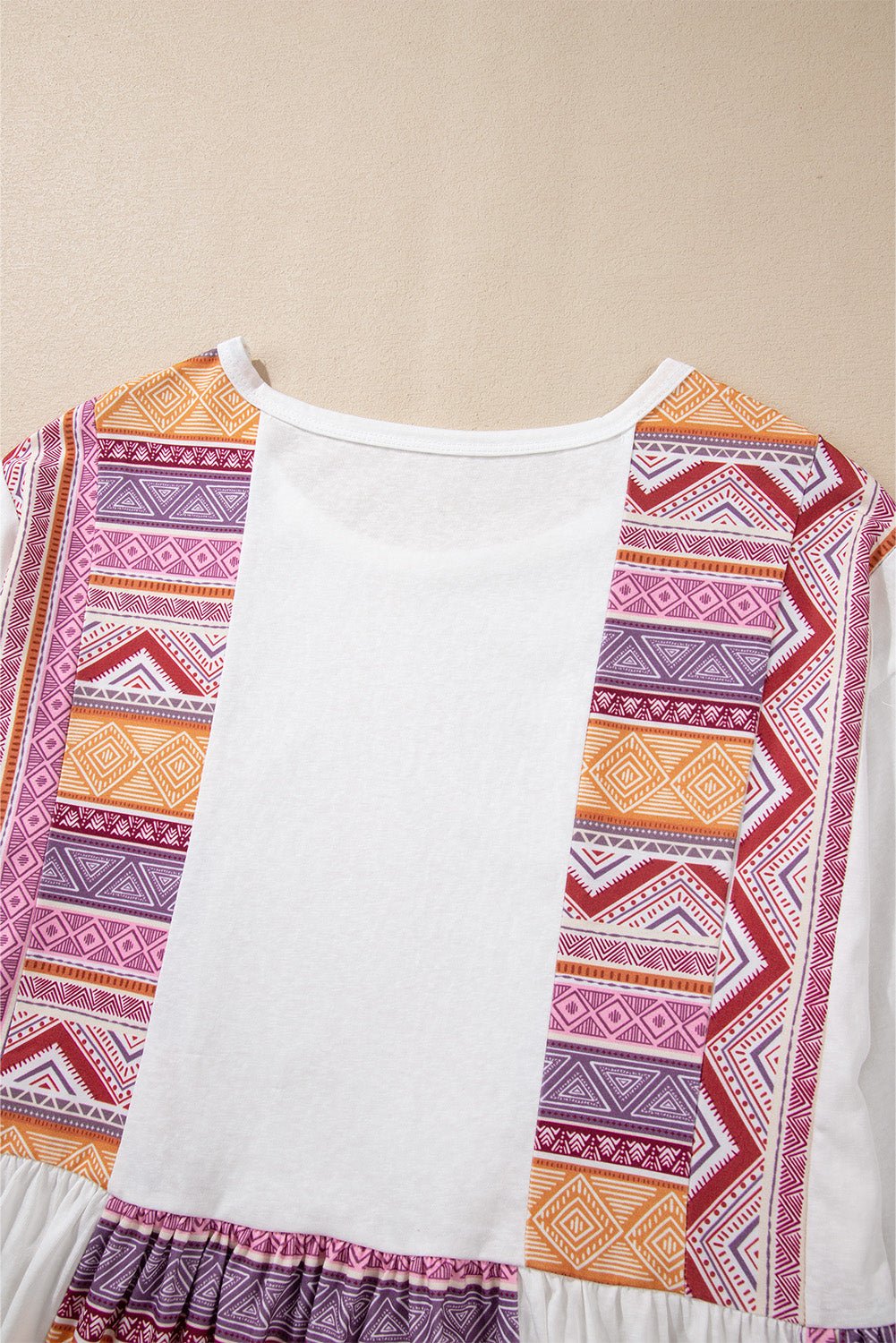 White Western Aztec Print Patchwork Ruffled Tunic Long Sleeve Babydoll Top - Loving It Shop