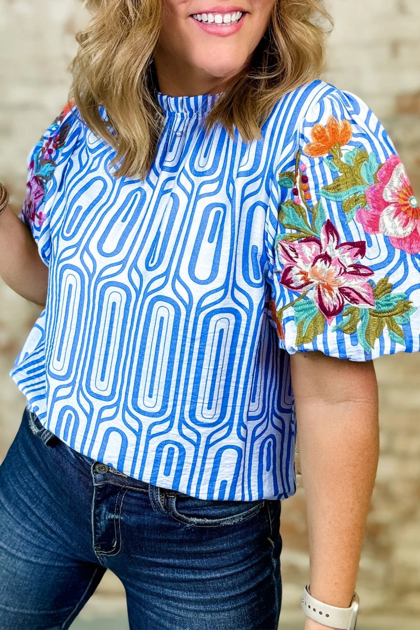 Sky Blue Unique Geometry Print Floral Embroidered Puff Sleeve Blouse - Loving It Shop