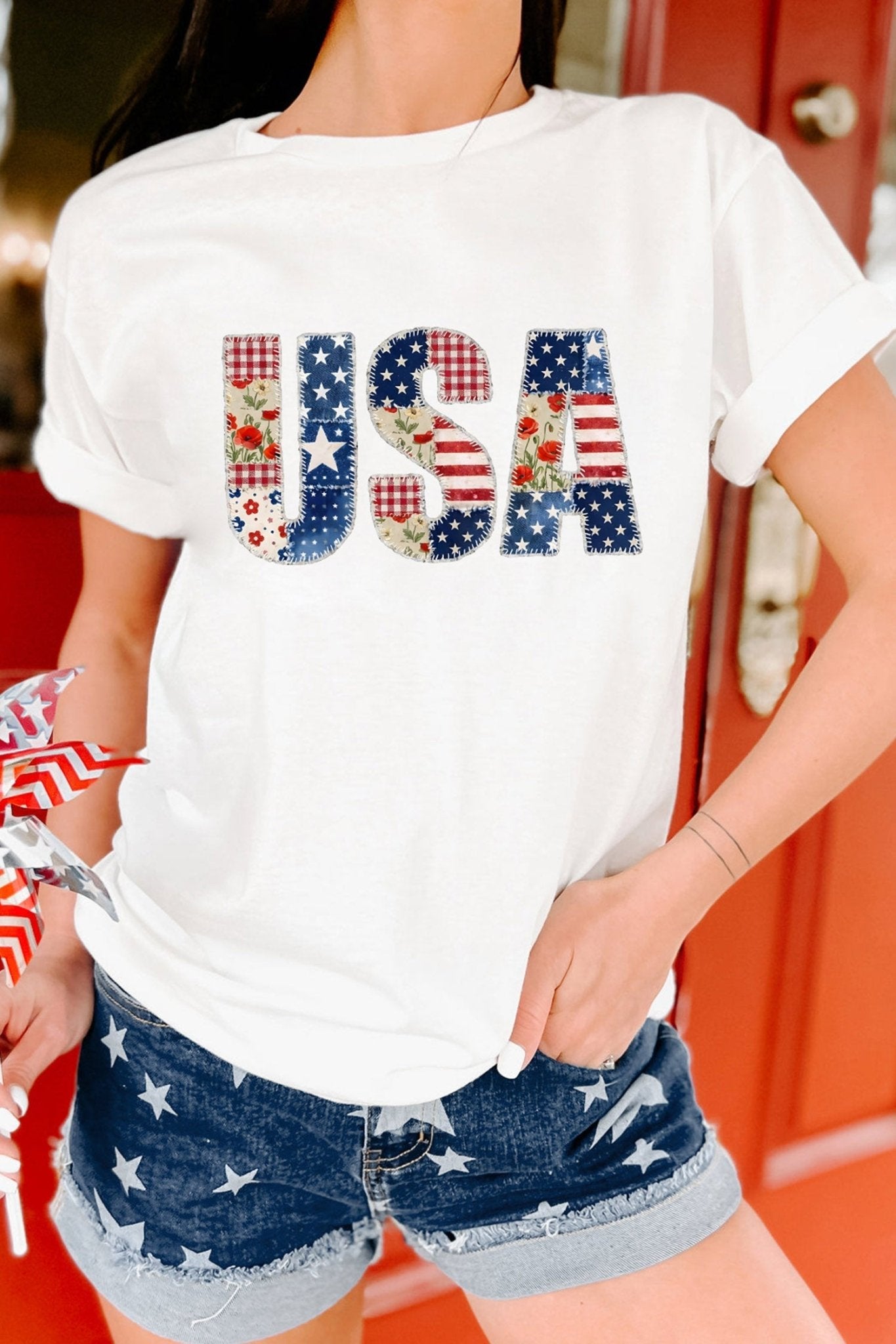 White USA Faux Patchwork Graphic Tee - Loving It Shop