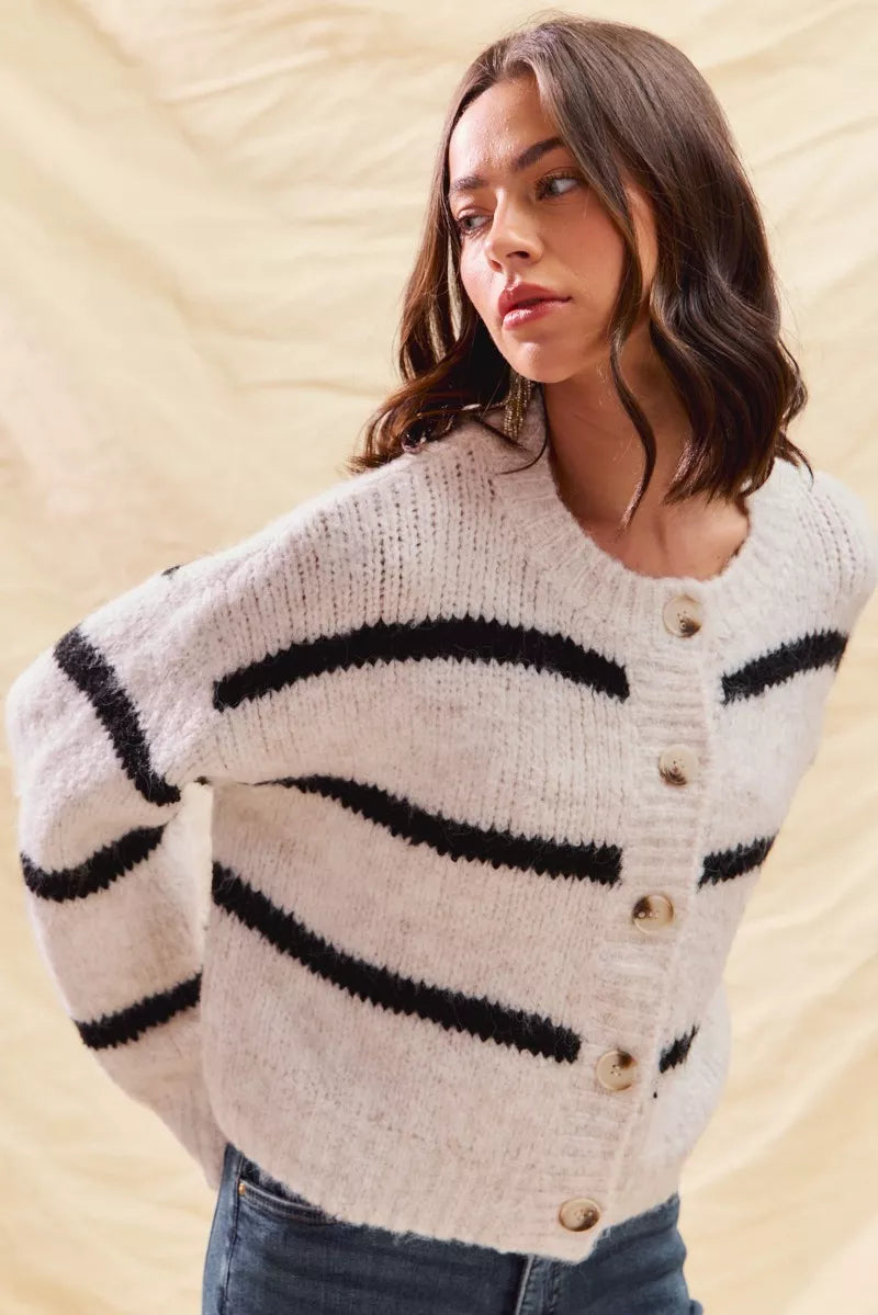 Stripe Soft Touch Button Cozy Sweater Cardigan