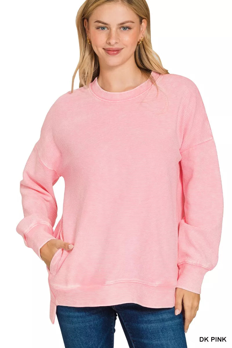 Full Size Acid Washed Double Ribbed Hi-low Sweatshirt Plus Size