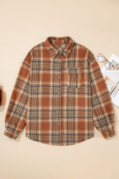 Brown Plaid Print Flap Pocket Buttoned Plus Size Shacket