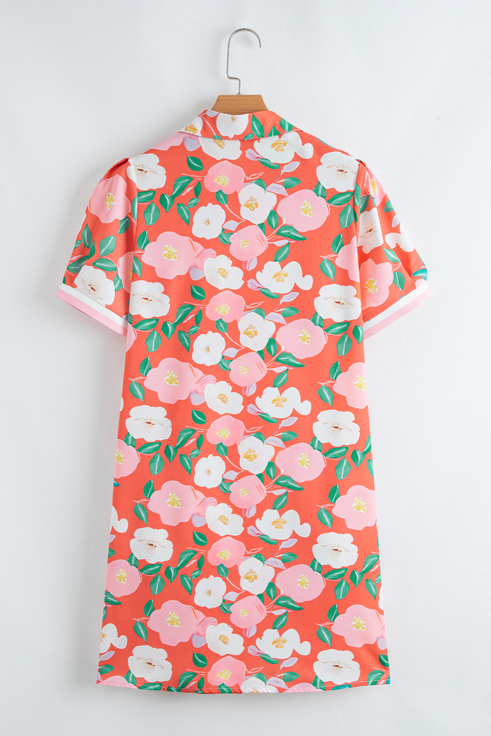 Fresh Salmon Floral Print Contrast Striped Trim Collar T Shirt Dress