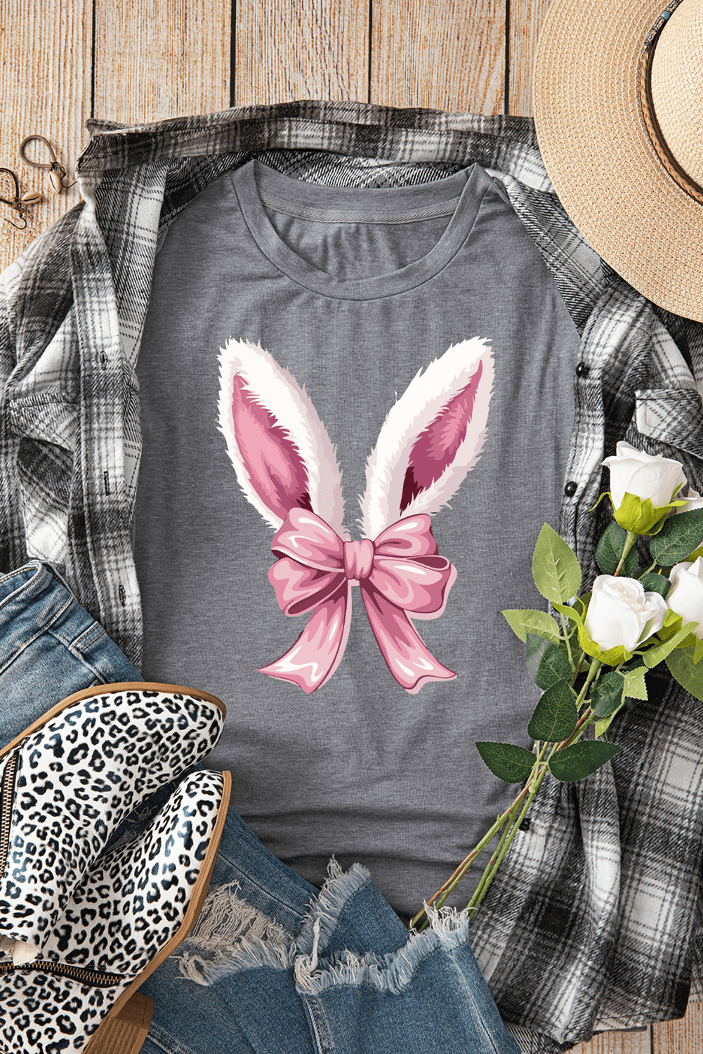Gray Bunny Ear Bow Printed Easter Fashion T Shirt - Loving It Shop