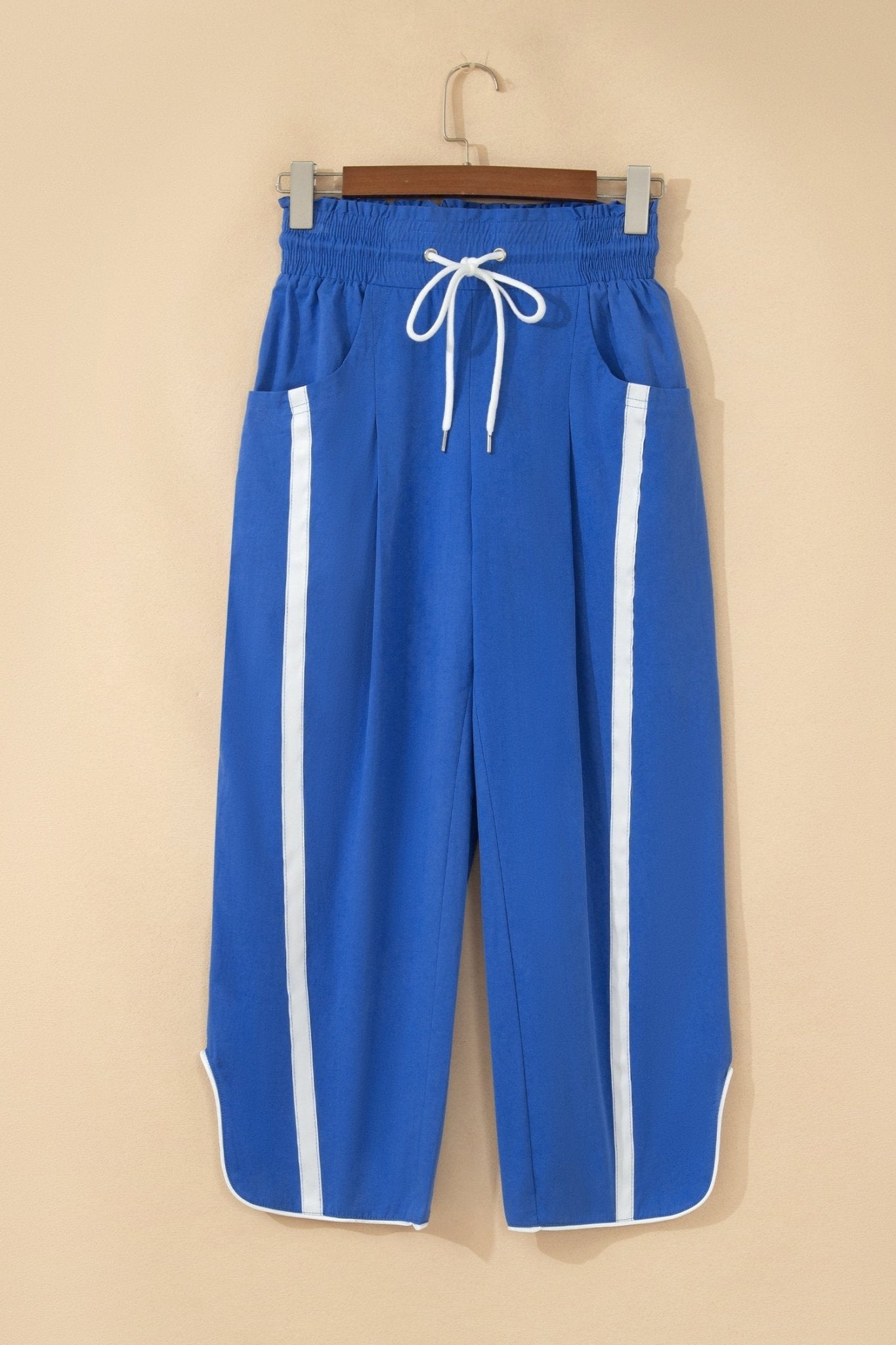 Dark Blue Contrast Striped Smocked Waist Drawstring Cropped Casual Pants - Loving It Shop