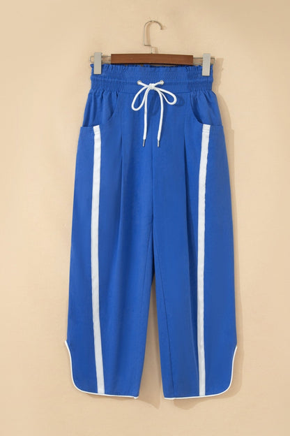 Dark Blue Contrast Striped Smocked Waist Drawstring Cropped Casual Pants - Loving It Shop