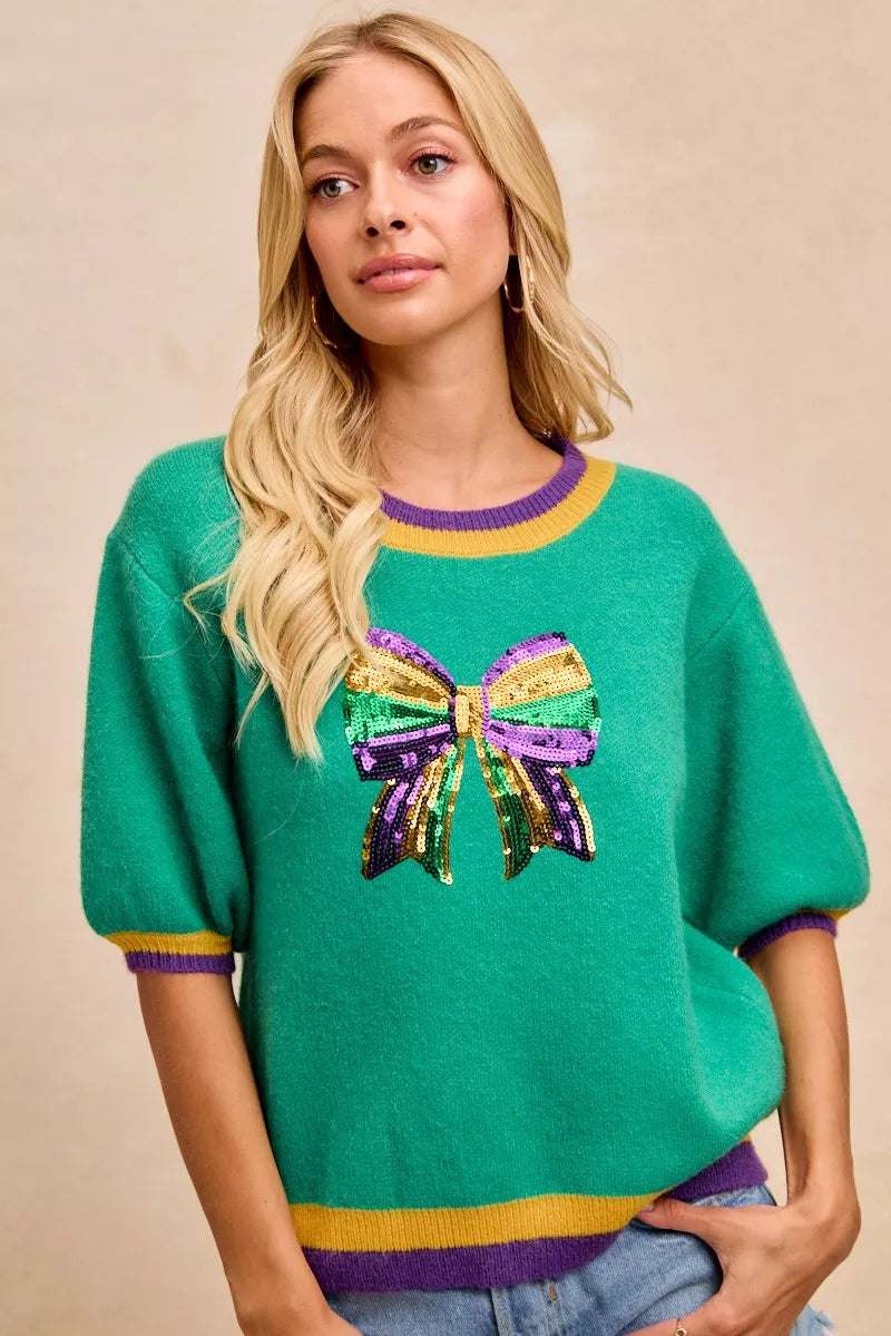 Mardi Gras Sequin Ribbon Patched Sweater