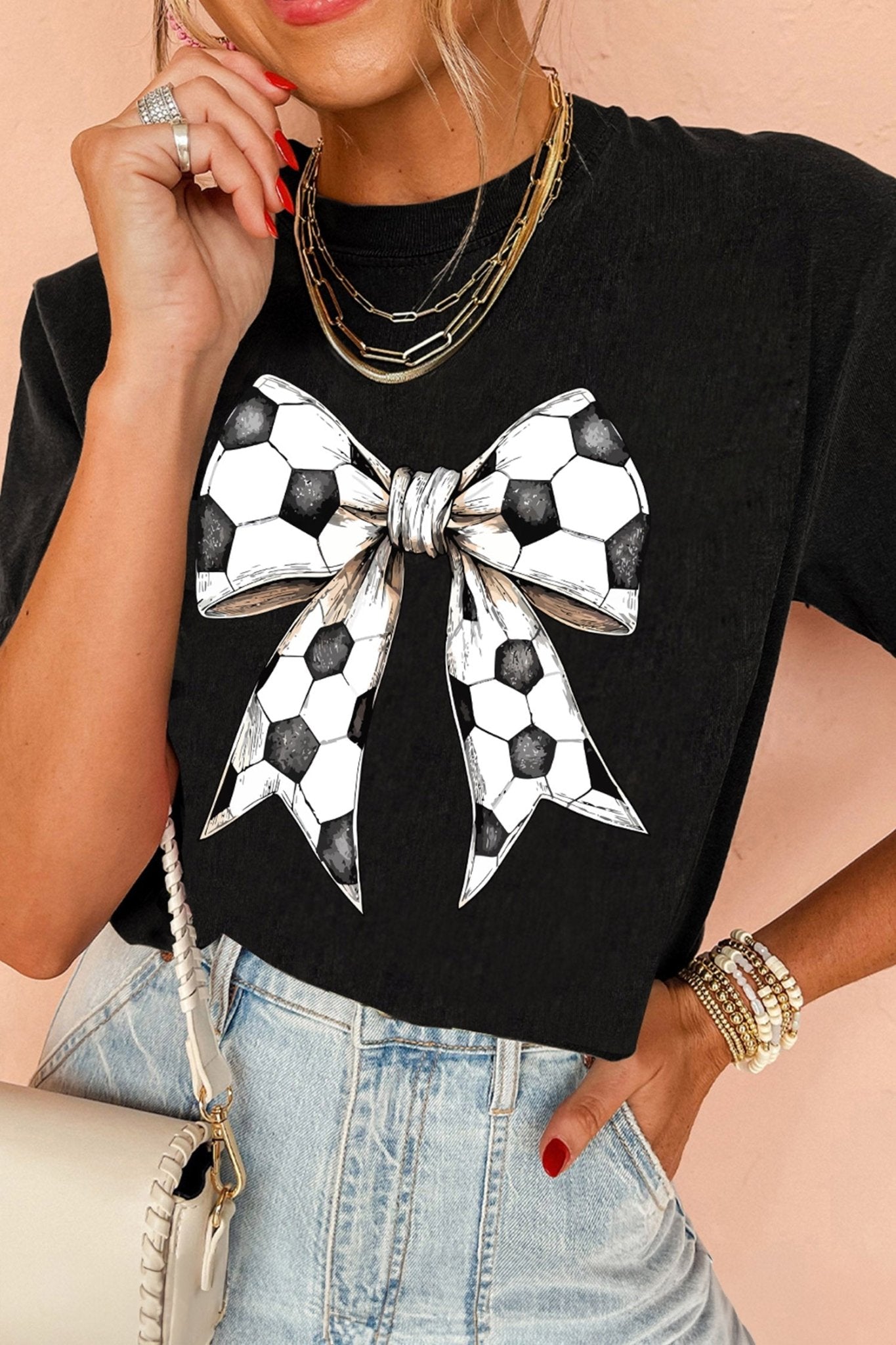 Black Soccer Bow Graphic Casual Summer Tee - Loving It Shop