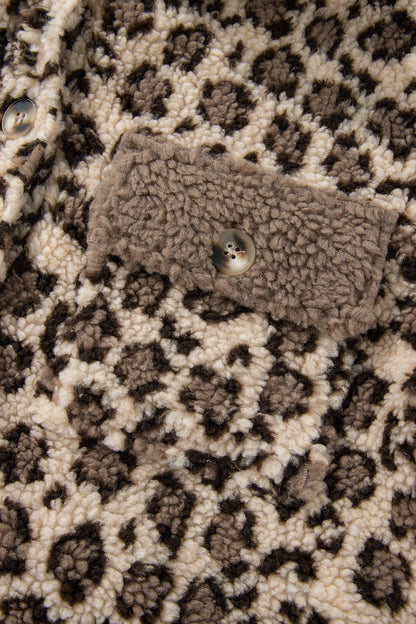 Brown Sherpa Leopard Print Flap Pocket Collared Button Up Jacket