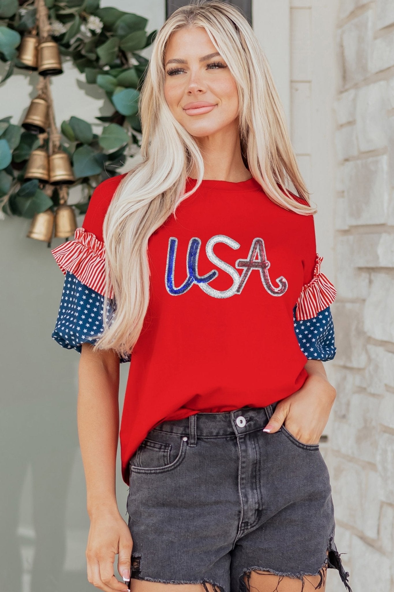 Fiery Red Sequin USA Lettering Patriotic Contrast Splicing Sleeve Top - Loving It Shop