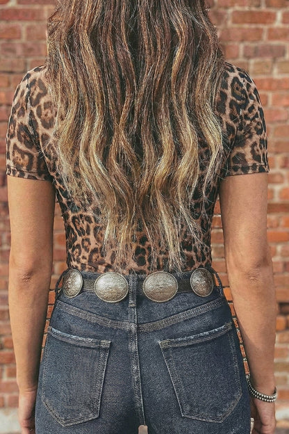Camel Leopard Printed Mesh Short Sleeve Top - Loving It Shop