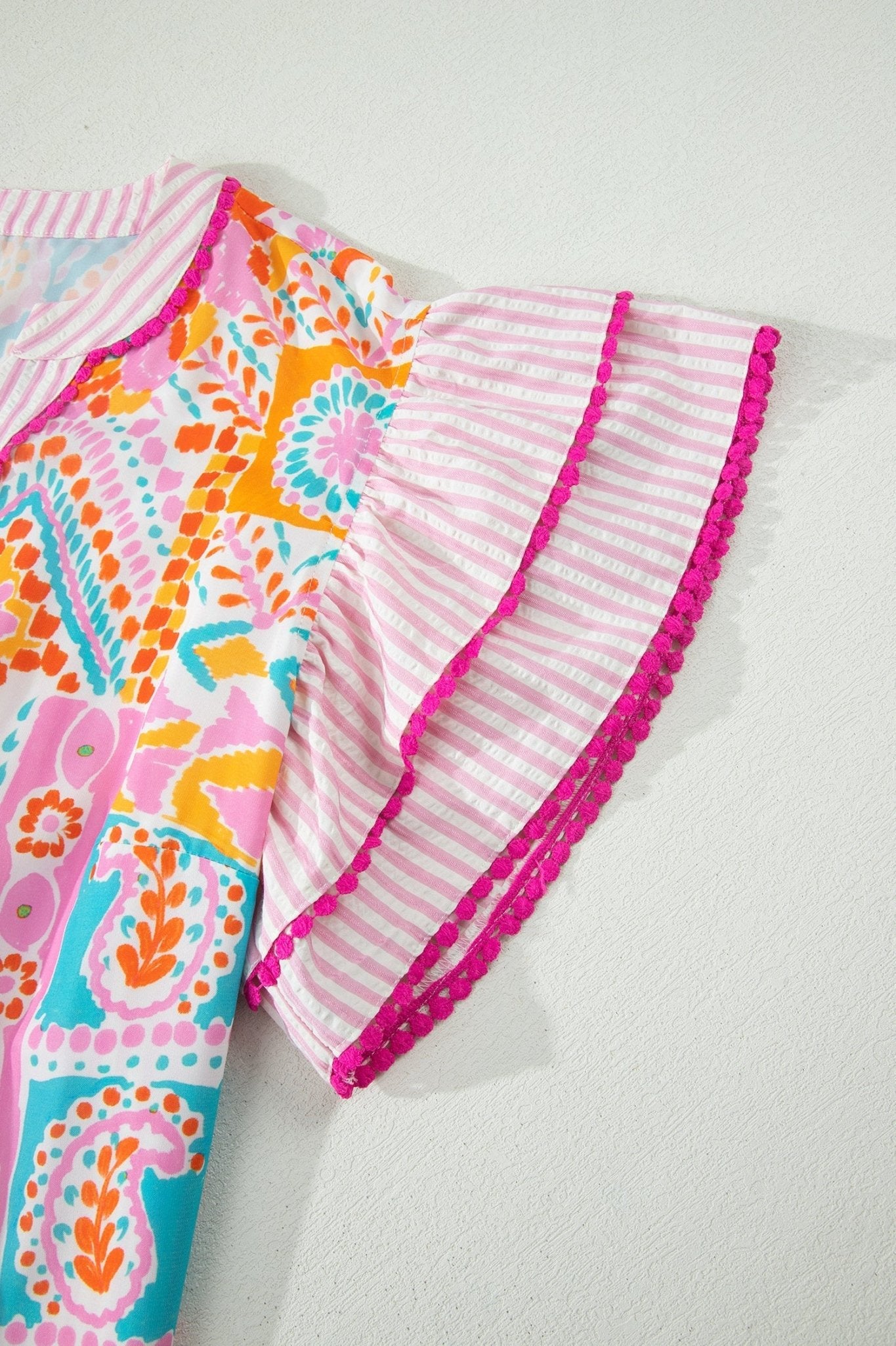 Rose Plus Size Geometric Print Contrast Trim Striped V Neck Blouse - Loving It Shop