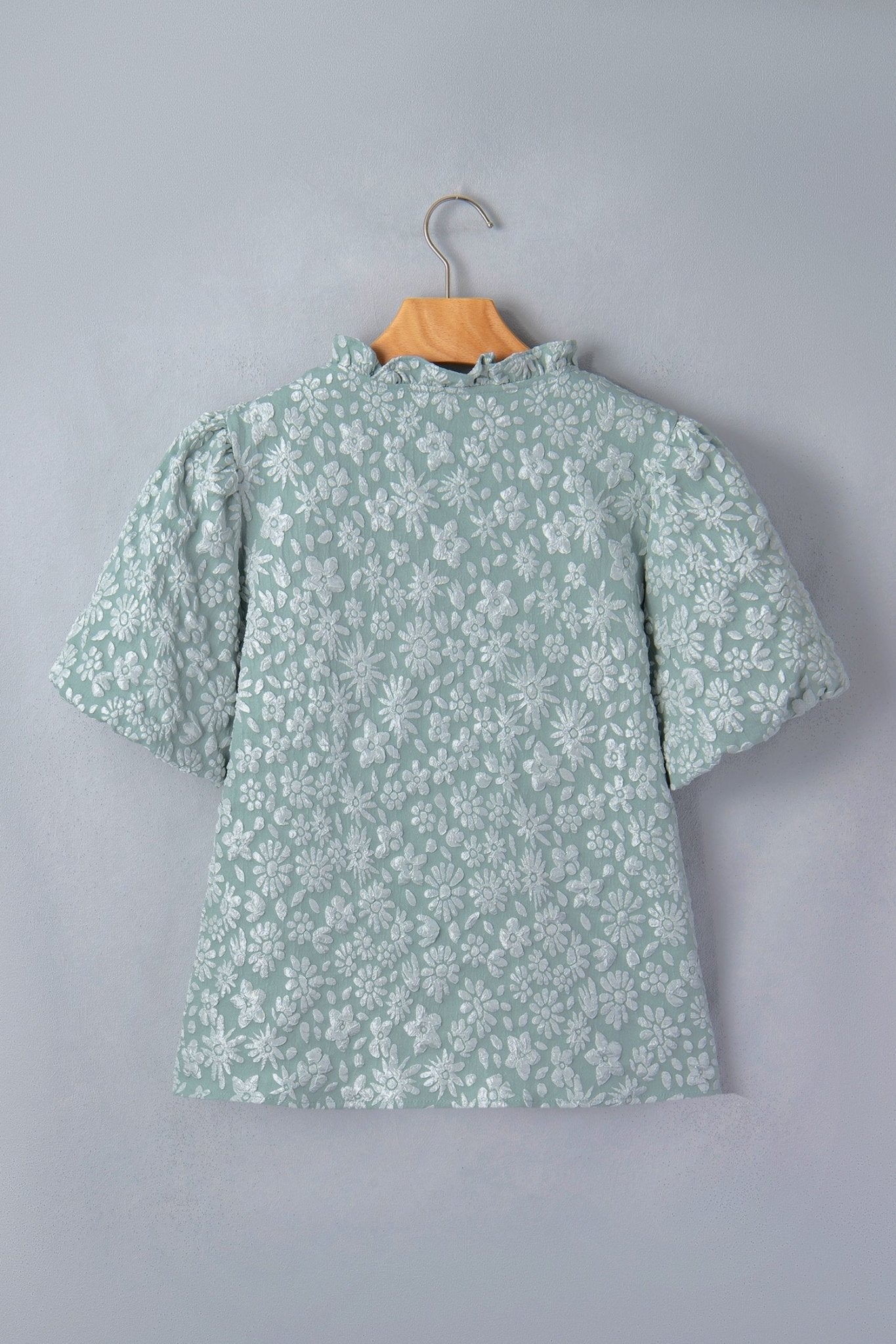 Iceland Blue Floral Textured Jacquard Puff Sleeve Blouse - Loving It Shop