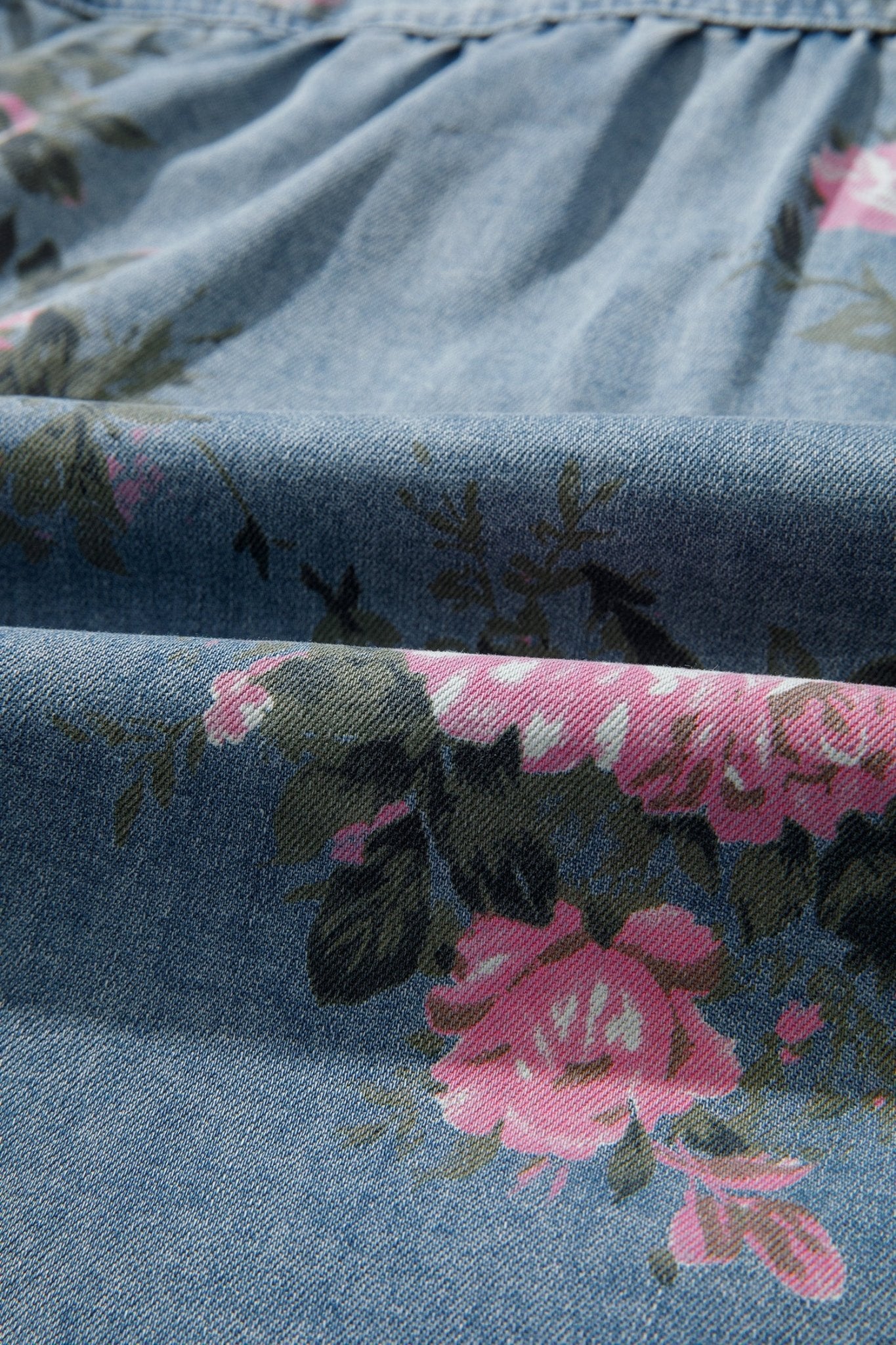Blue Bracelet Sleeve Floral Denim Shirt - Loving It Shop