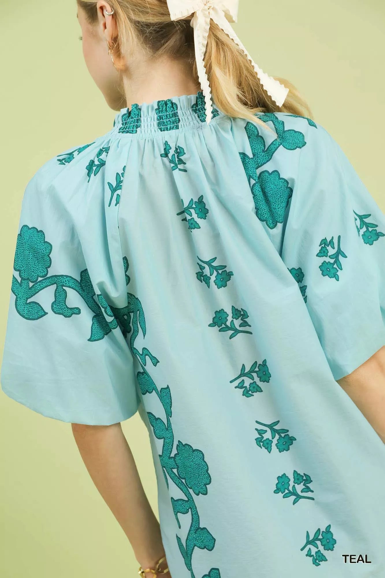 Floral Smocked Notched Puff Sleeve Blouse
