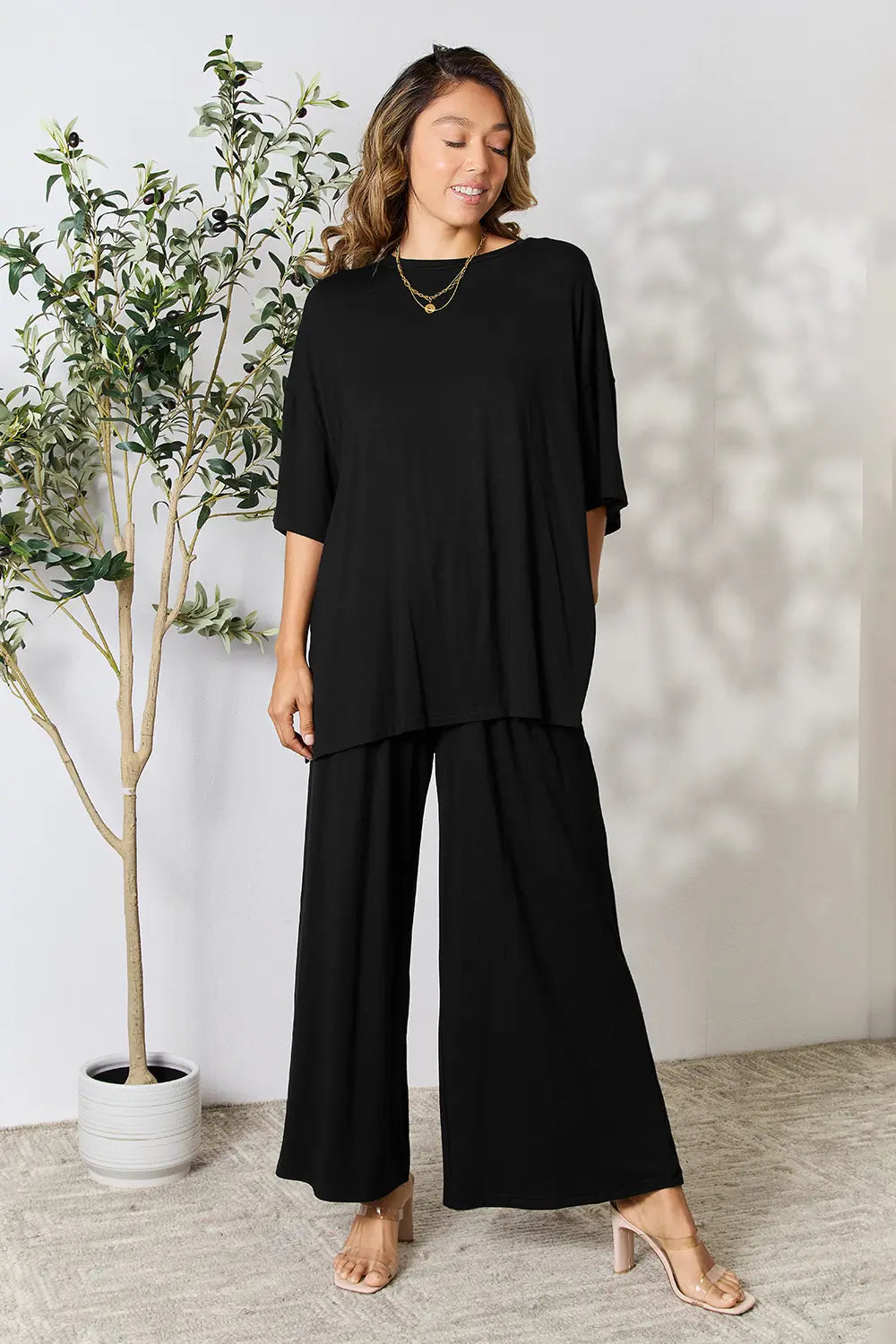 I am a Fashion Junky Full Size Round Neck Slit Top and Pants Set