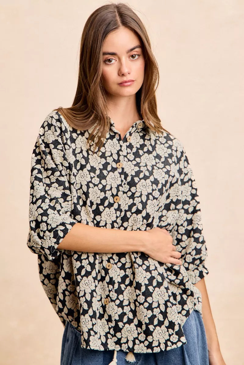 Floral Jacquard Short Dolman Sleeves Shirt
