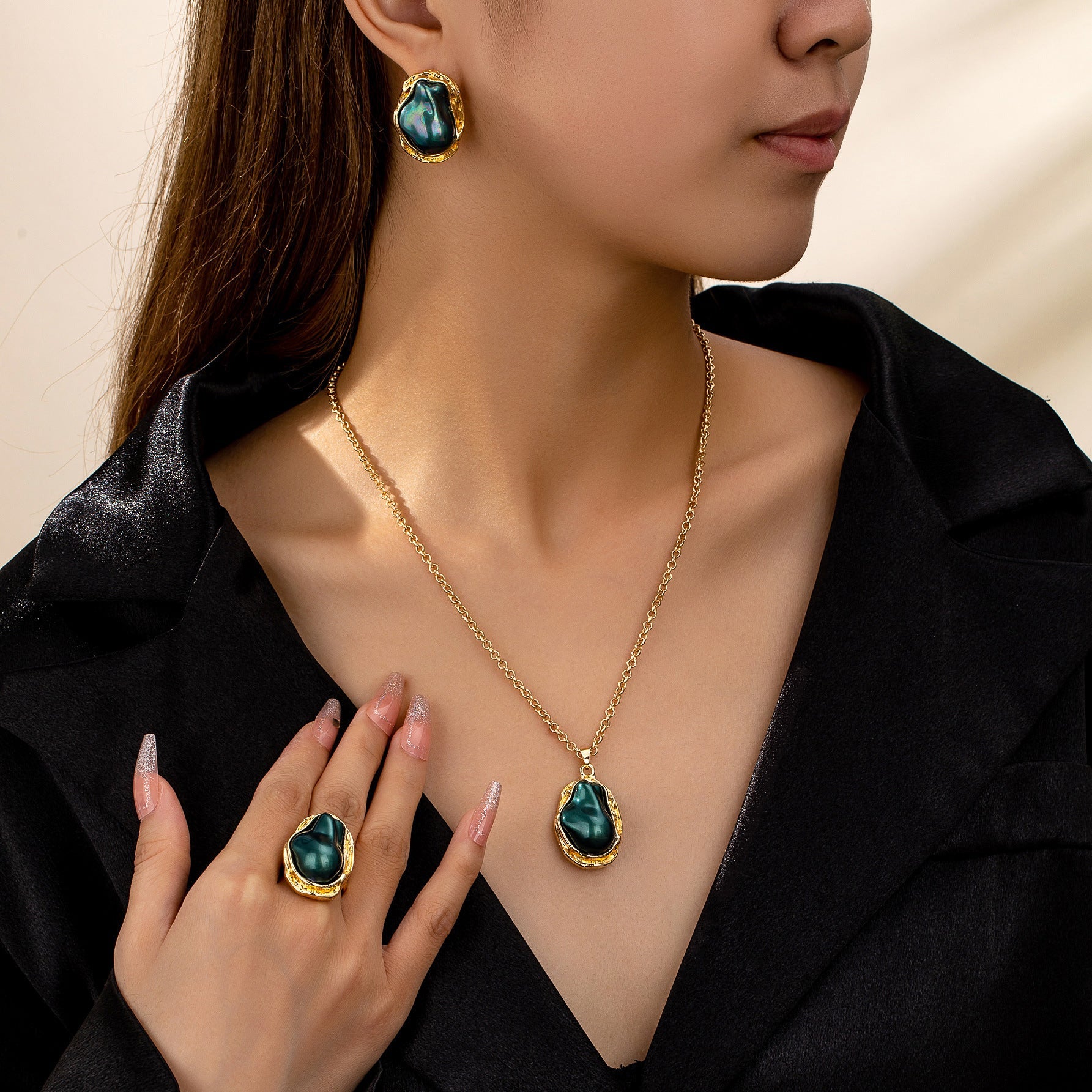 Retro Green Irregular Inlaid Imitation Pearl Necklace Ear Stud And Ring