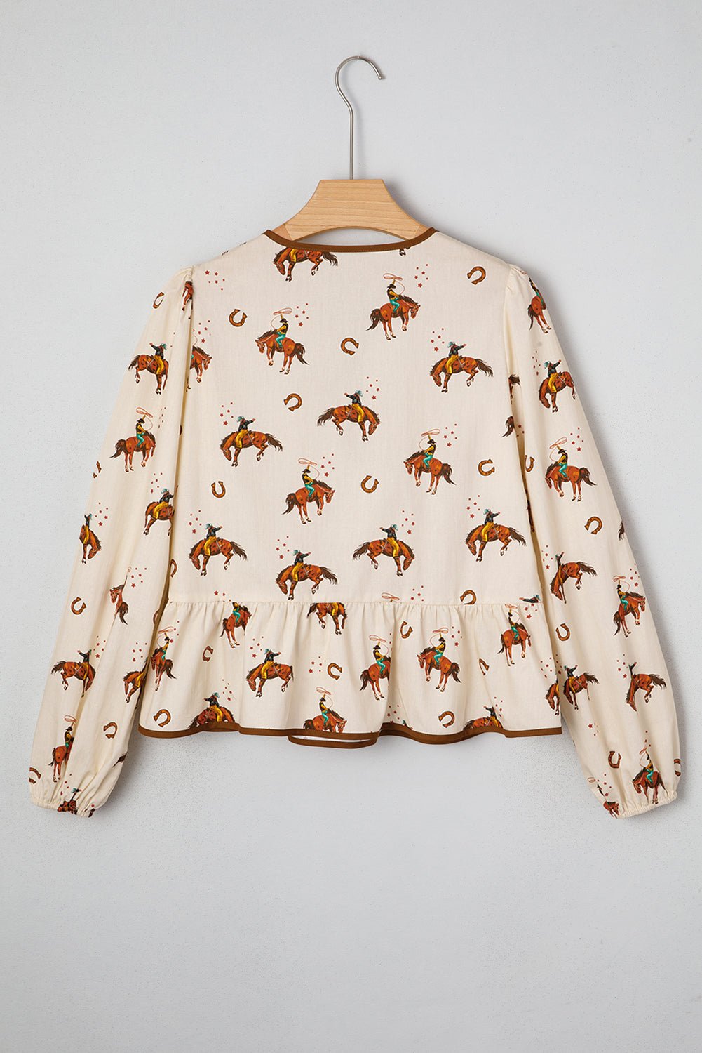 Apricot Western Rodeo Print Tied Front Puff Sleeve Peplum Top - Loving It Shop