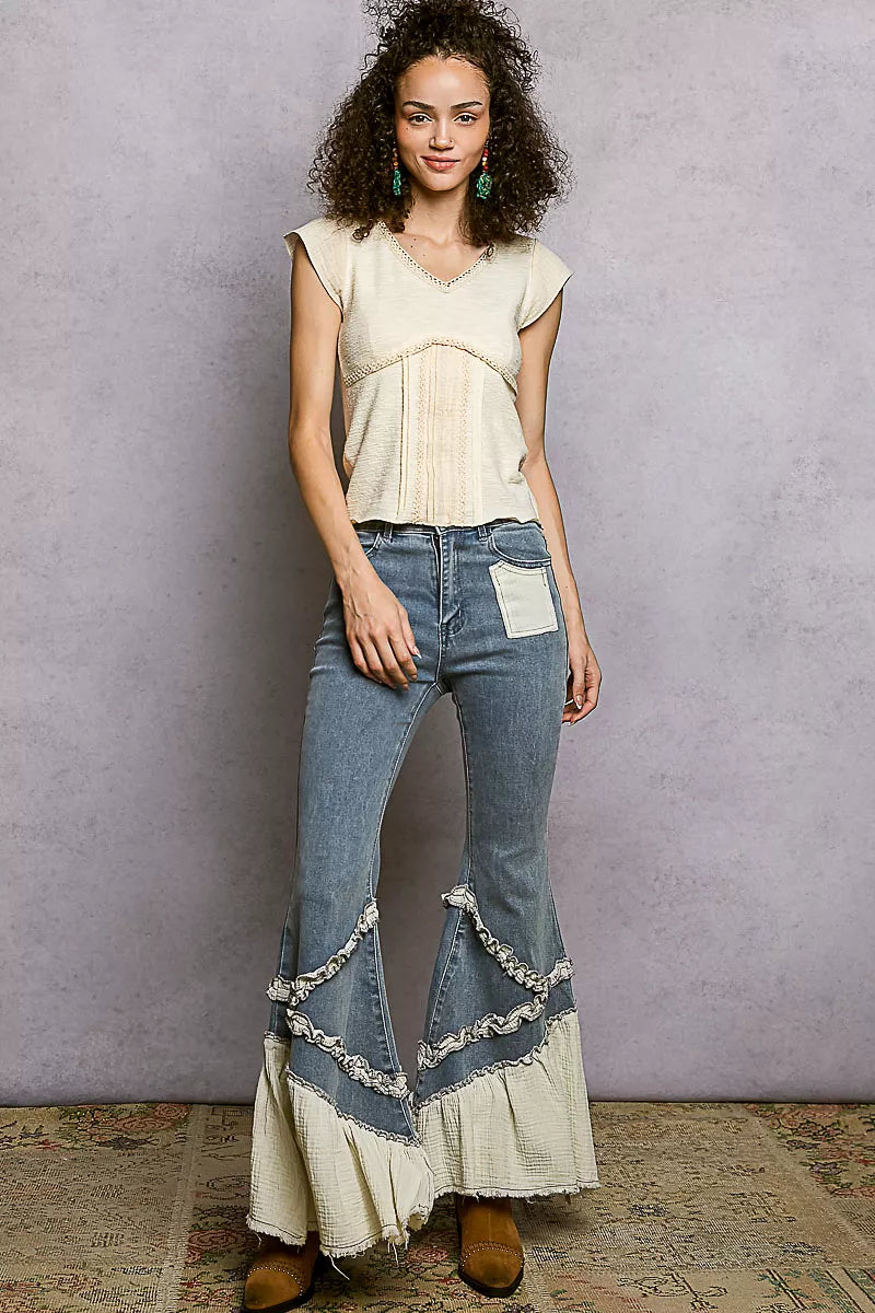 V-Neck Lightweight Textured Short Sleeve Knit Top with Lace Trim