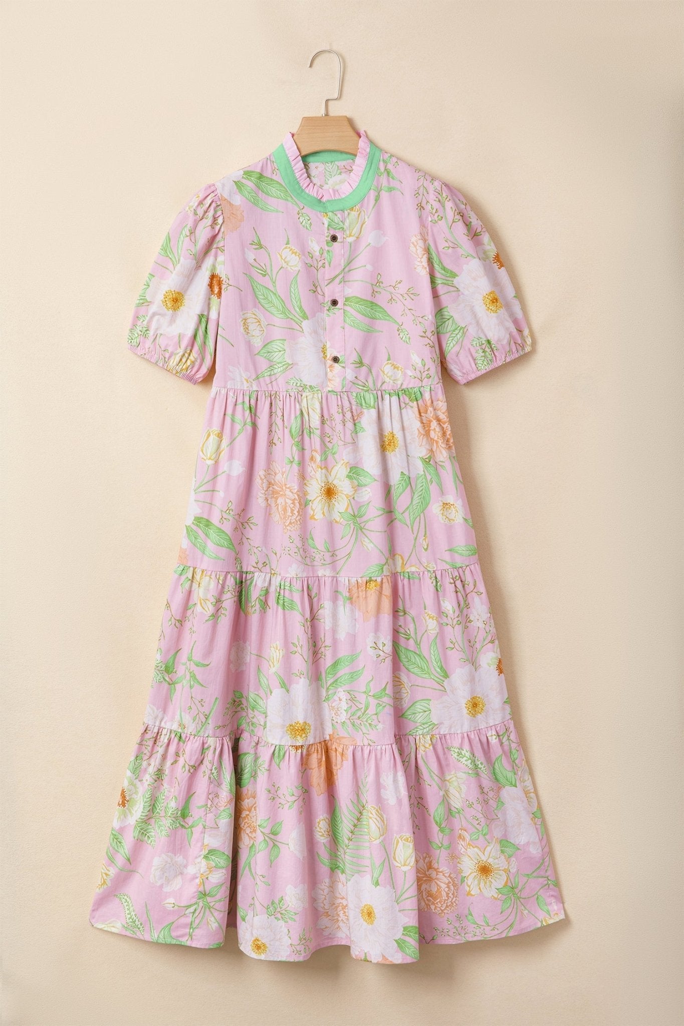 Pink Floral Print Short Puff Sleeve High Waist Tiered Maxi Dress - Loving It Shop