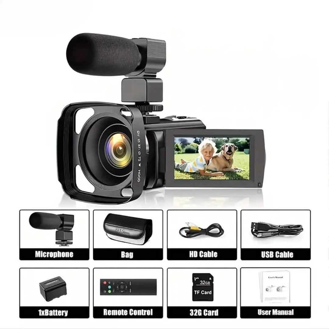 16x Zoom 1080P HD Digital Camera Bundle with 2 Batteries, 32G TF Card, Mic, Hood &amp; Bag