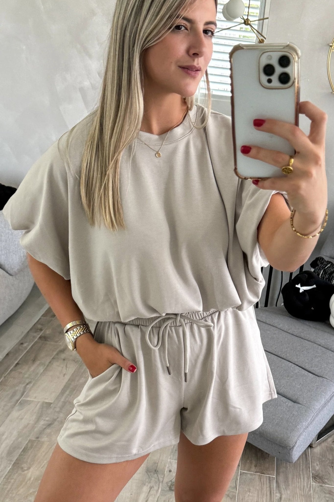 Smoke Gray Solid Color Puffy Loose Top Drawstring Shorts 2pcs Outfit - Loving It Shop