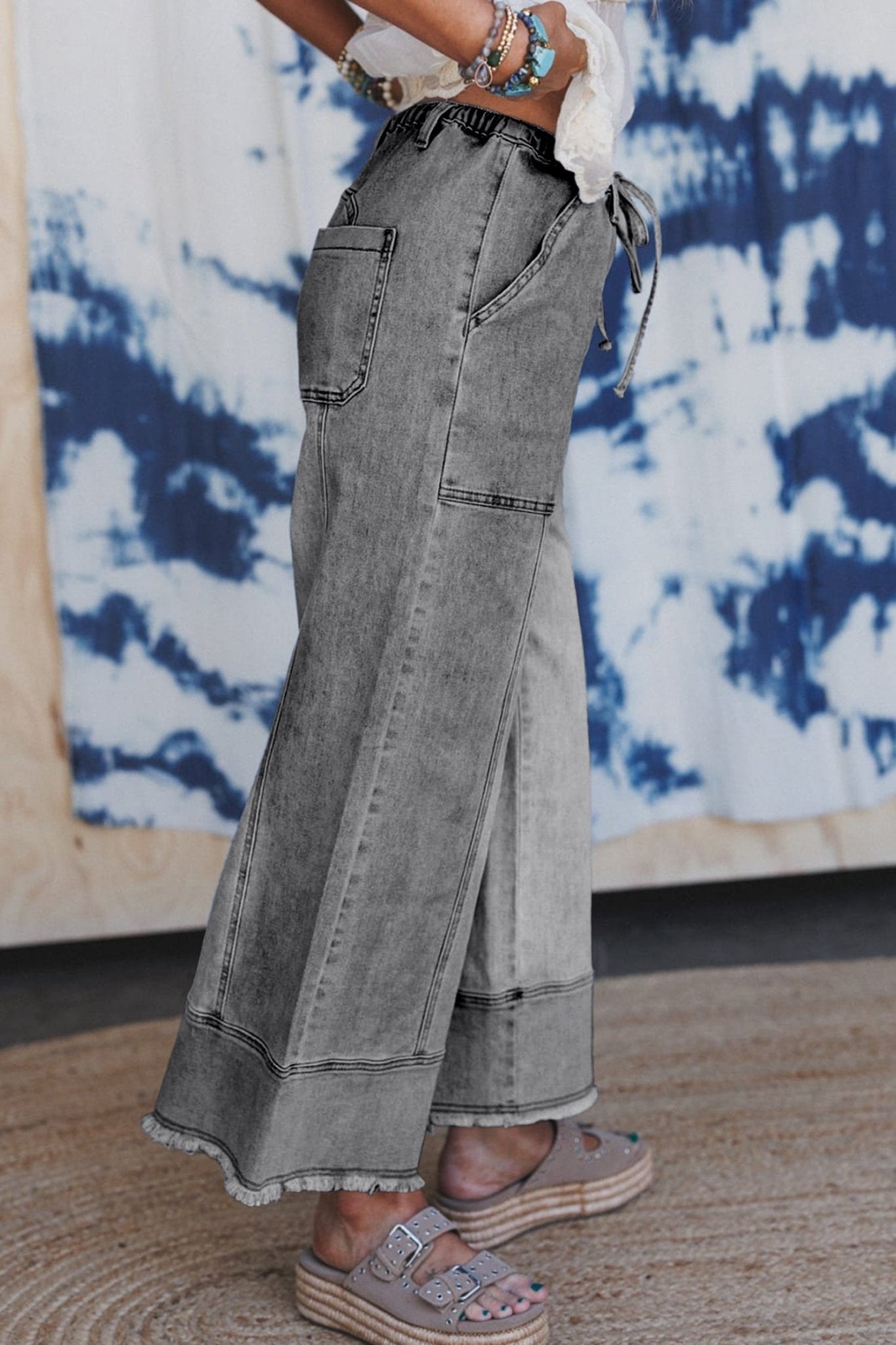 Gray Drawstring Seam Detail Raw Hem Wide Leg Denim Pants - Loving It Shop