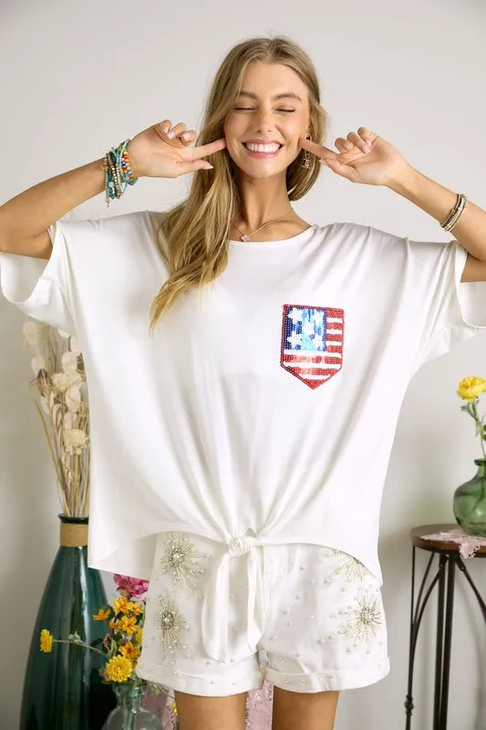 Sequin US Flag Pocketed Top