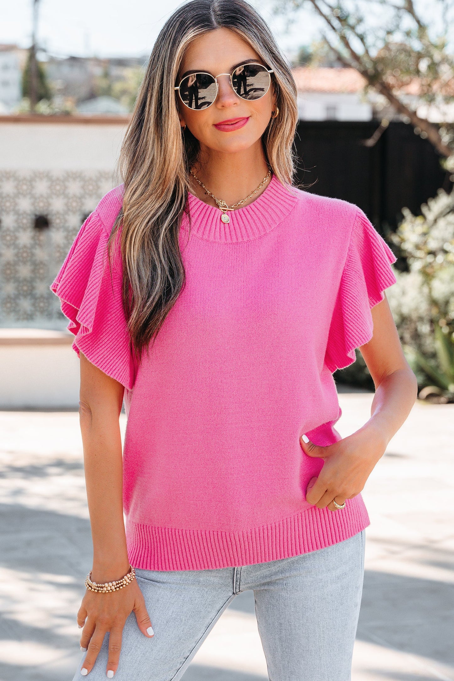 Sachet Pink Solid Color Ribbed Trim Round Neck Ruffle Short Sleeve Sweater