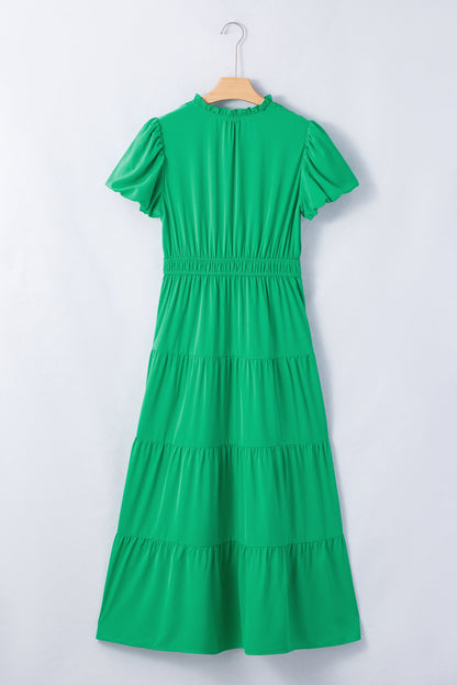 Bright Green Solid Color V Neck Short Puff Sleeve High Waist Tiered Maxi Dress