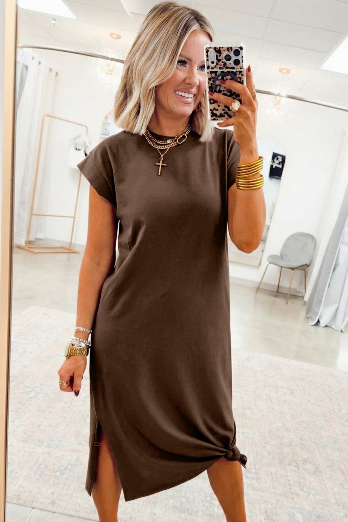 Red Sandalwood Solid Color Long T Shirt Dress with Slits - Loving It Shop