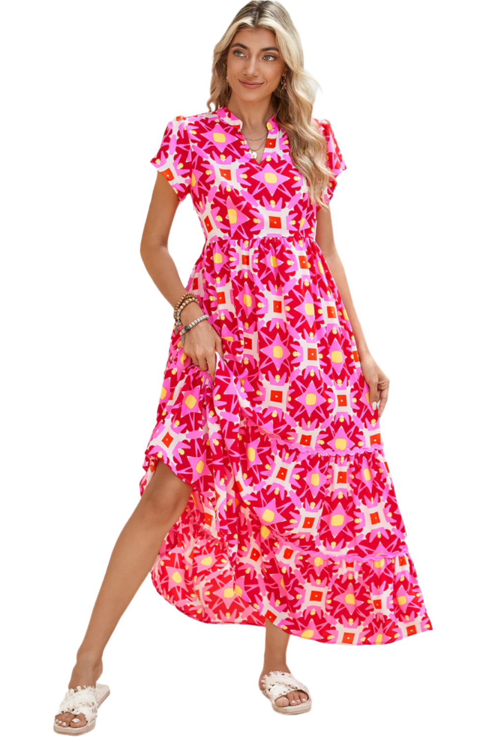 Strawberry Pink Abstract Print Pleated Flounce Sleeve Maxi Dress