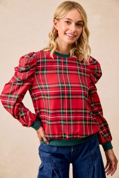 Christmas Plaid Exaggerated Shoulder Sleeves Top