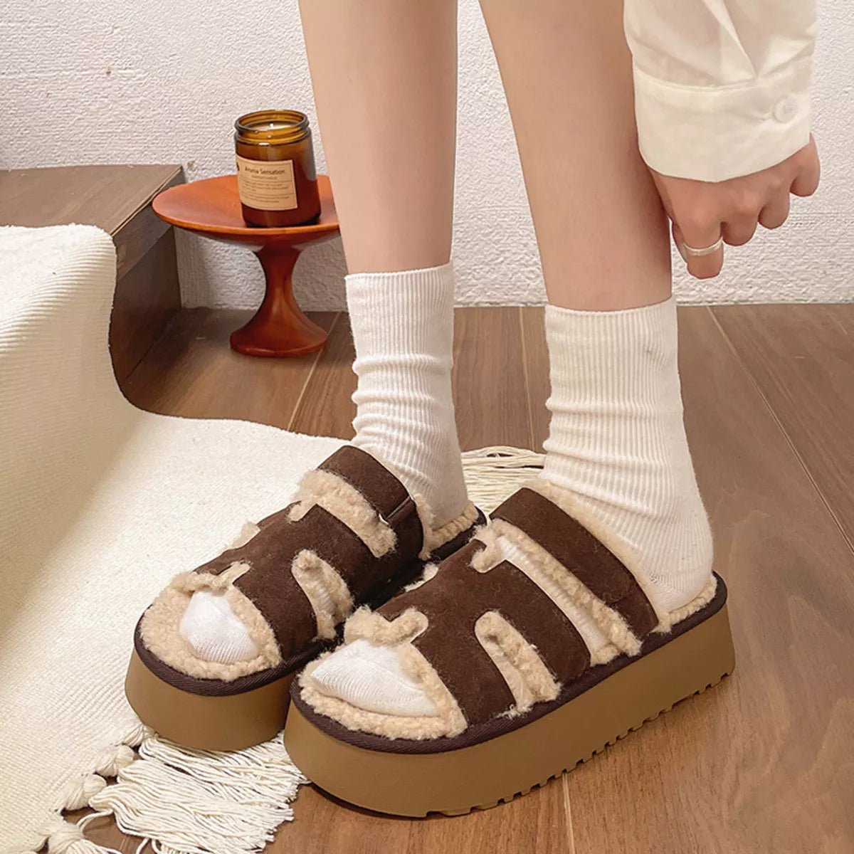 Fluffy Platform Velcro Slippers - Loving It Shop