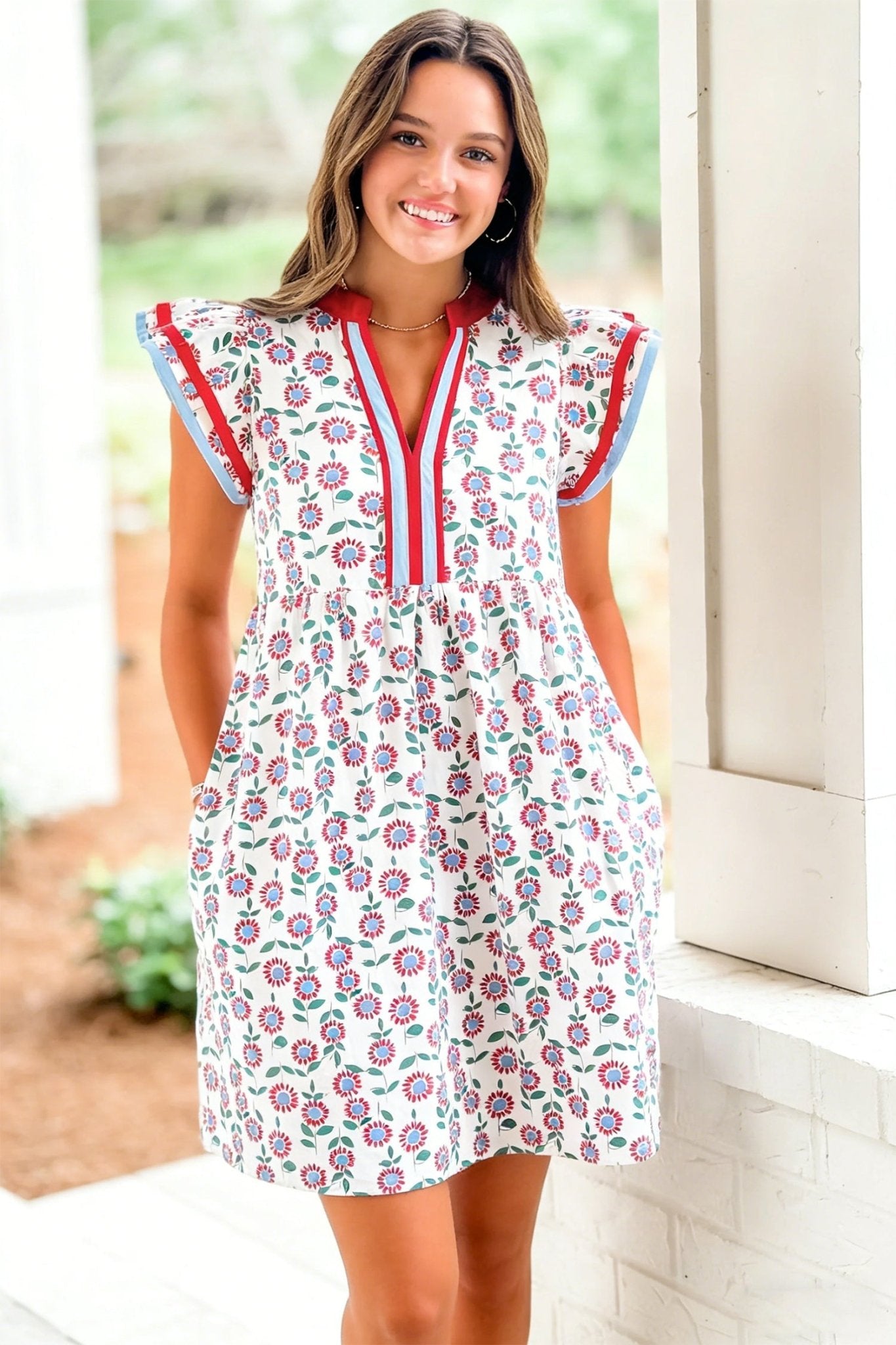 Red Floral Print Contrast Trim Flutter Sleeve Mini Dress - Loving It Shop