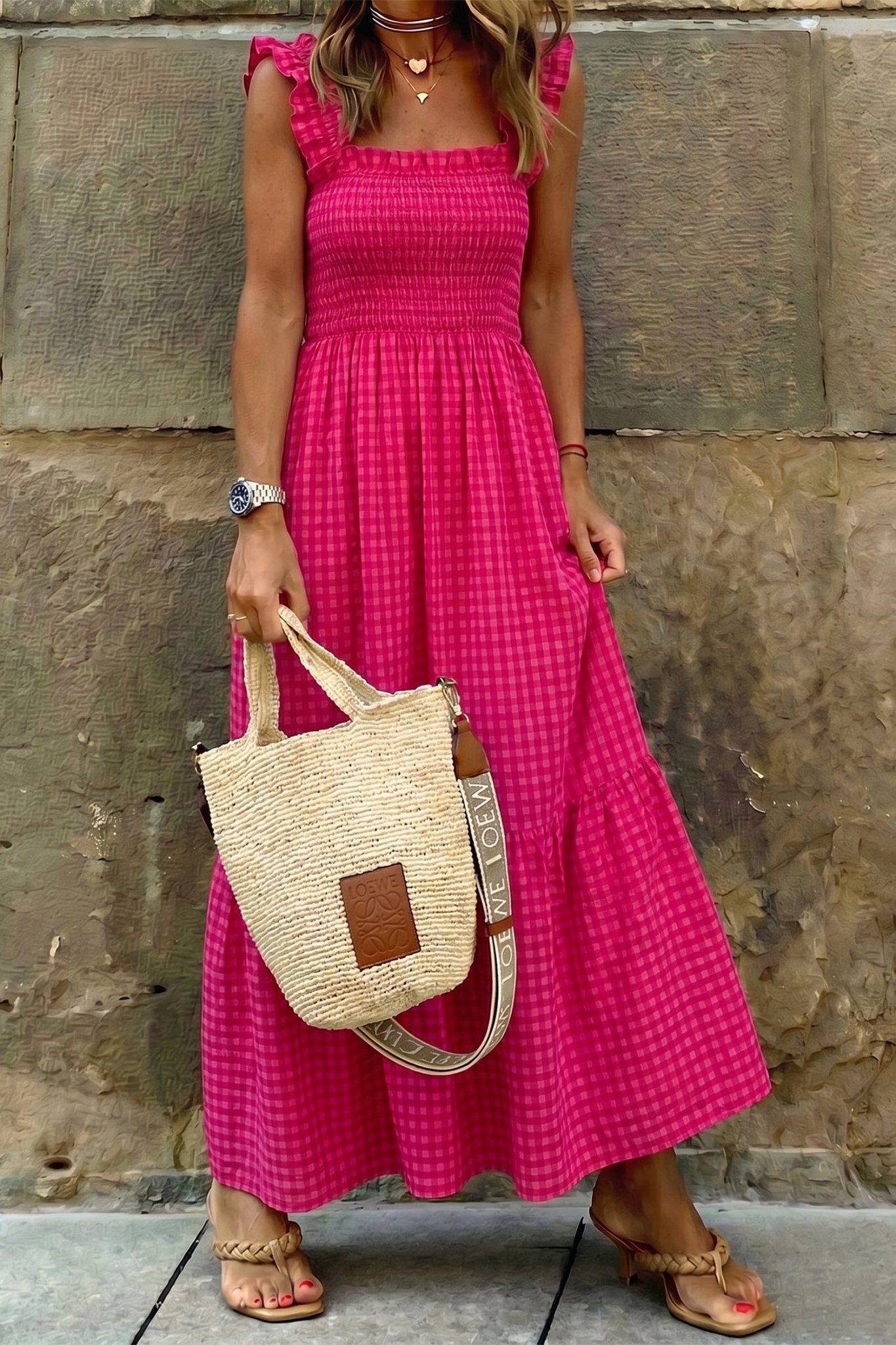 Red Plaid Square Neck Fit - and - flared Vacation Sundress - Loving It Shop