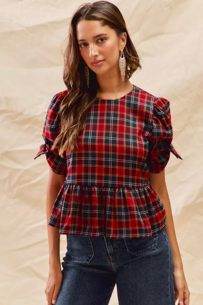 Christmas Holiday Plaid Ribbon Short Sleeves Top