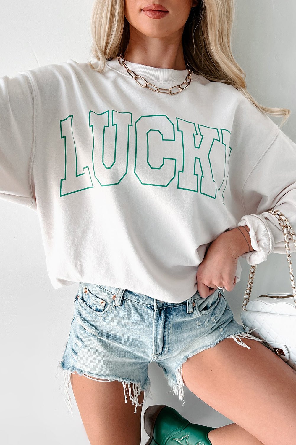 White St Patricks LUCKY Graphic Crew Neck Pullover Sweatshirt - Loving It Shop