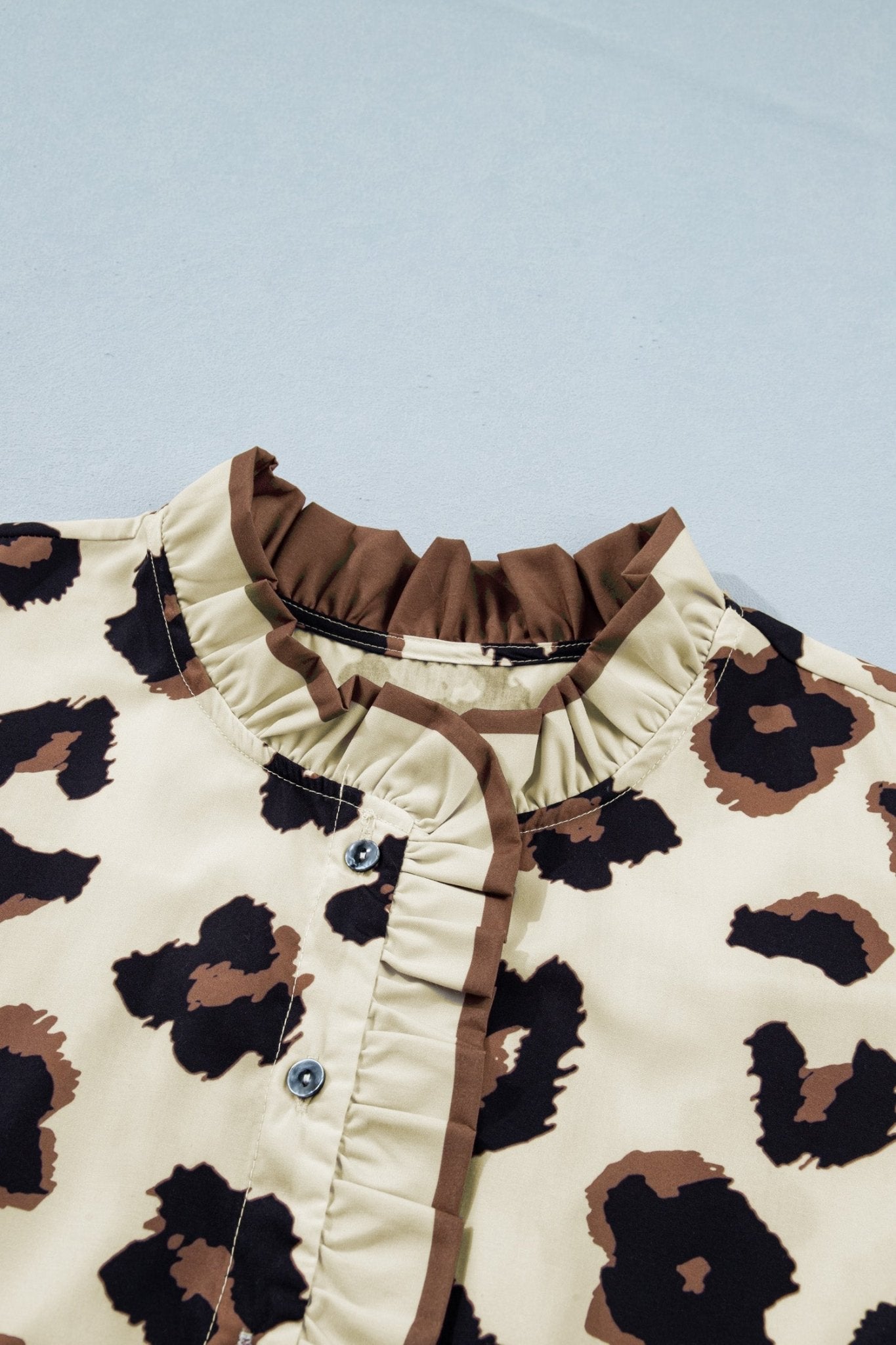 Khaki Plus Size Leopard Print Frilled Color Block Trim Button Down Short Sleeve Blouse - Loving It Shop