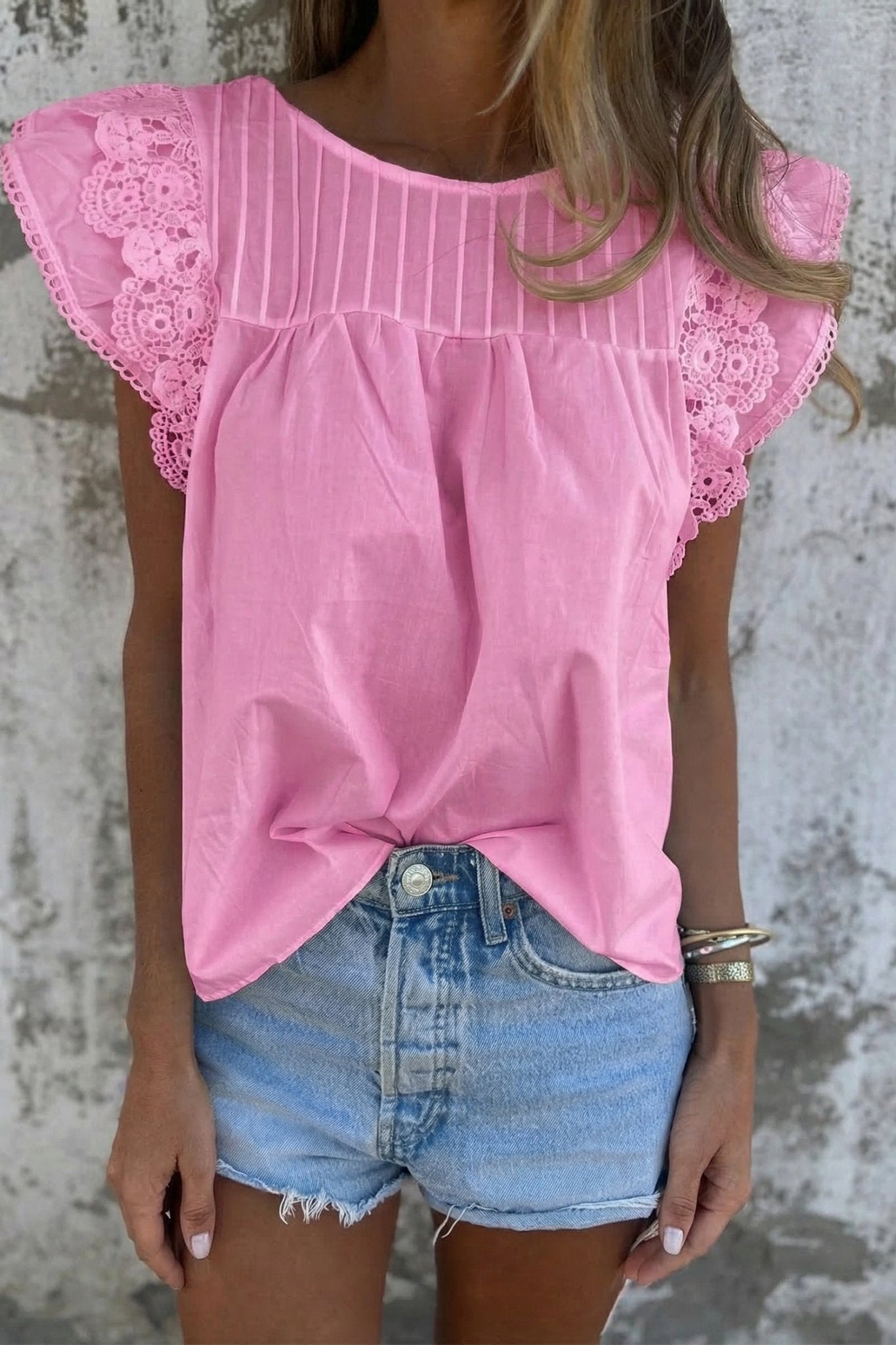 Bonbon Lace Detail Flutter Sleeve Pleated Round Neck Blouse - Loving It Shop