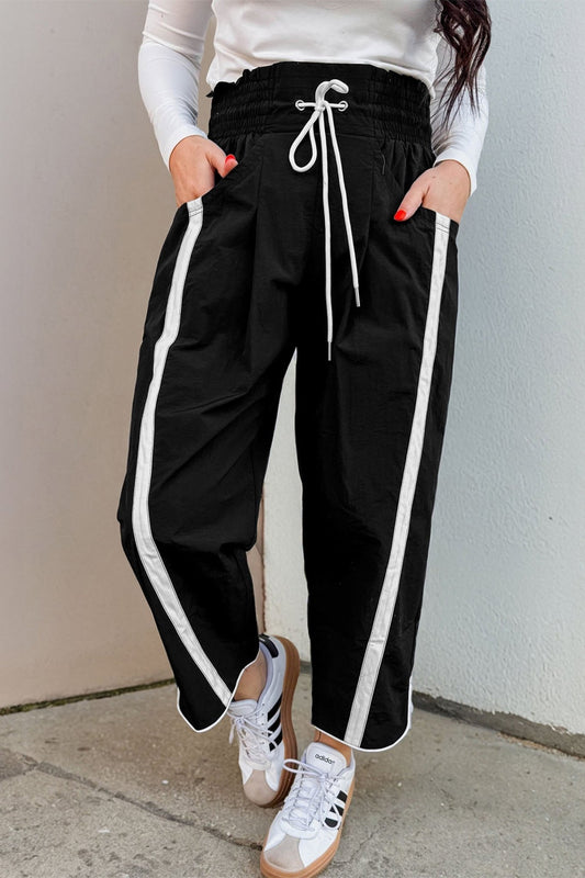Black Contrast Striped Smocked Waist Drawstring Cropped Casual Pants - Loving It Shop