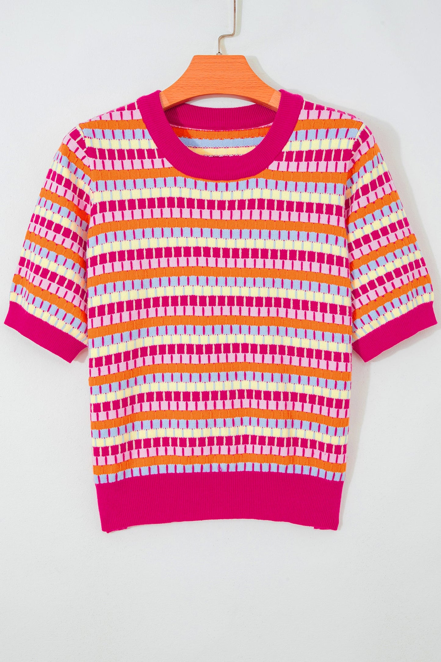 Rose Red Abstract Striped Knit Short Sleeve Sweater