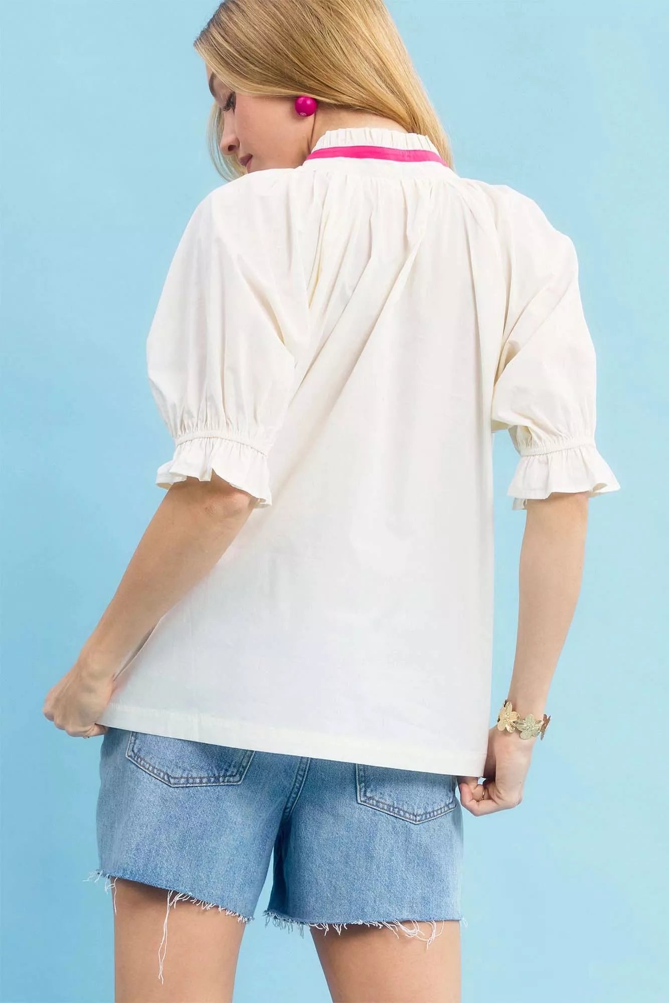 Embroidered Floral Top with Contrast Trim