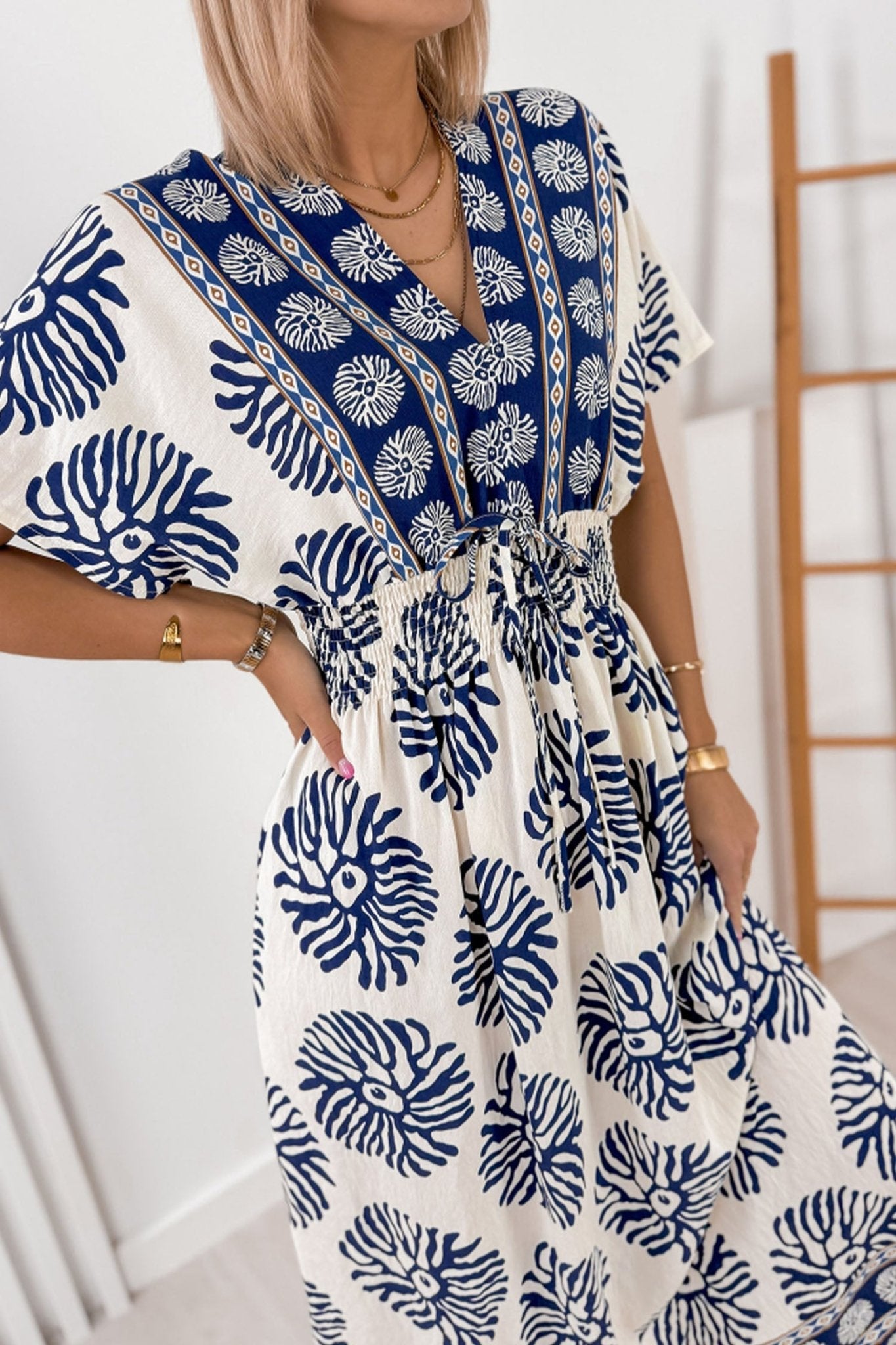 Blue Boho Floral Print Contrast Patchwork V Neck Dolman Maxi Dress - Loving It Shop