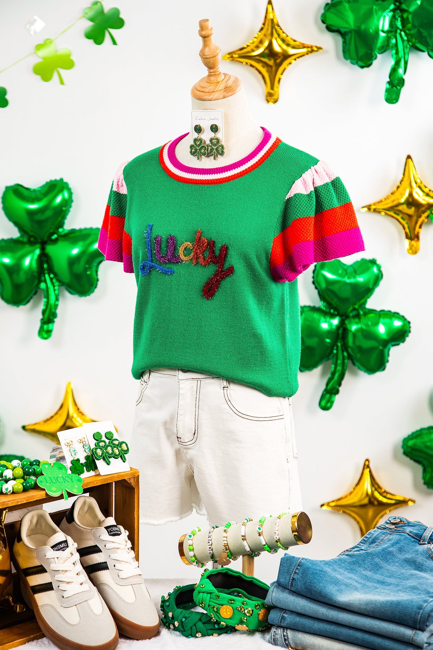 Bright Green Shiny Lucky Striped Flutter Sleeve Round Neck Sweater